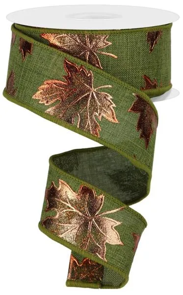 1.5"x10yd Foil Maple Leaf On Royal Burlap, Fern/Moss Green  OB3P