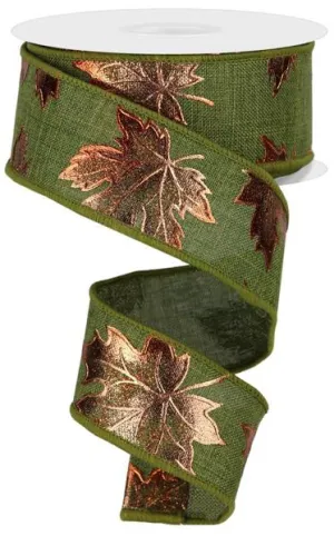 1.5"x10yd Foil Maple Leaf On Royal Burlap, Fern/Moss Green  OB3P