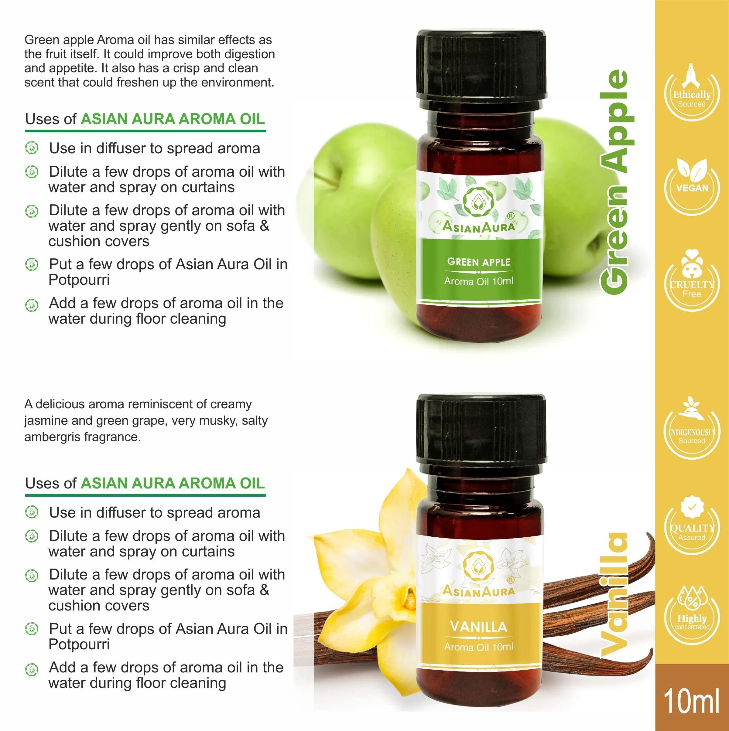 Asian Aura Aroma Oil for Candle Burner & Electric Diffuser for Home Fragrance (Marigold, Mogra, Sandalwood, Green Apple, Vanilla, Strawberry) 10ml each, Pack Of 6 Aroma Oils