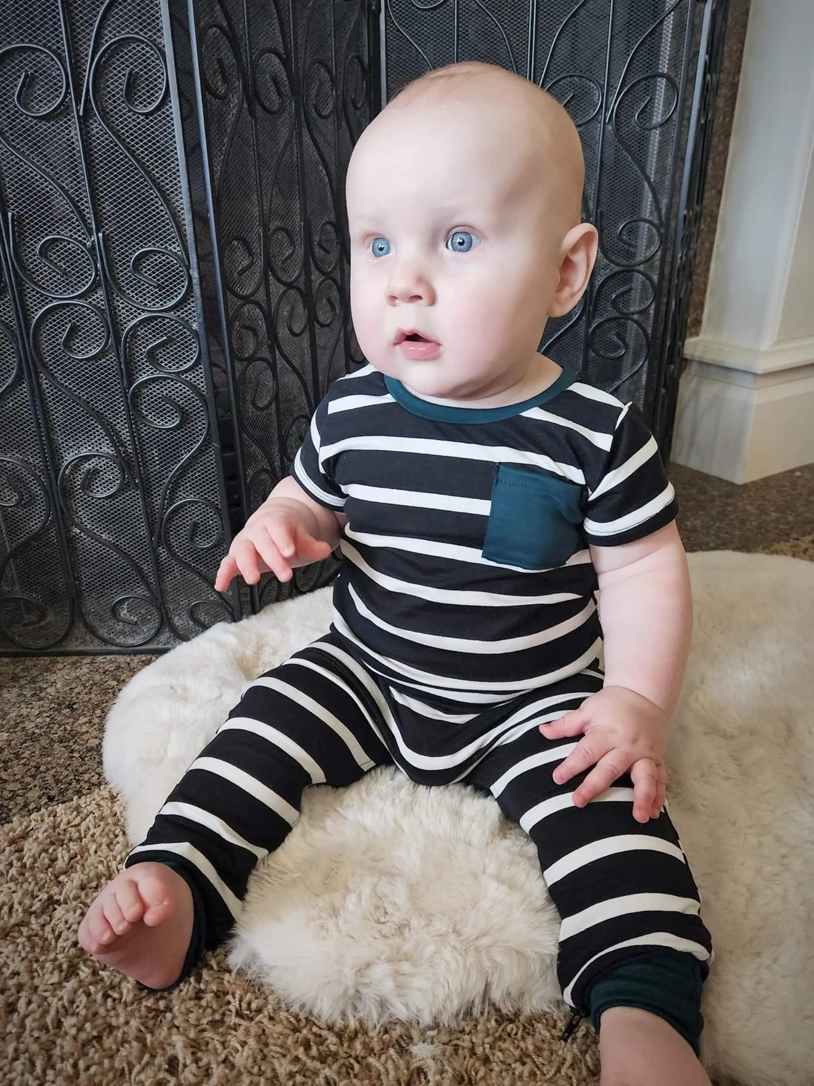 Black/White Stripe Pine Pocket Zip Romper