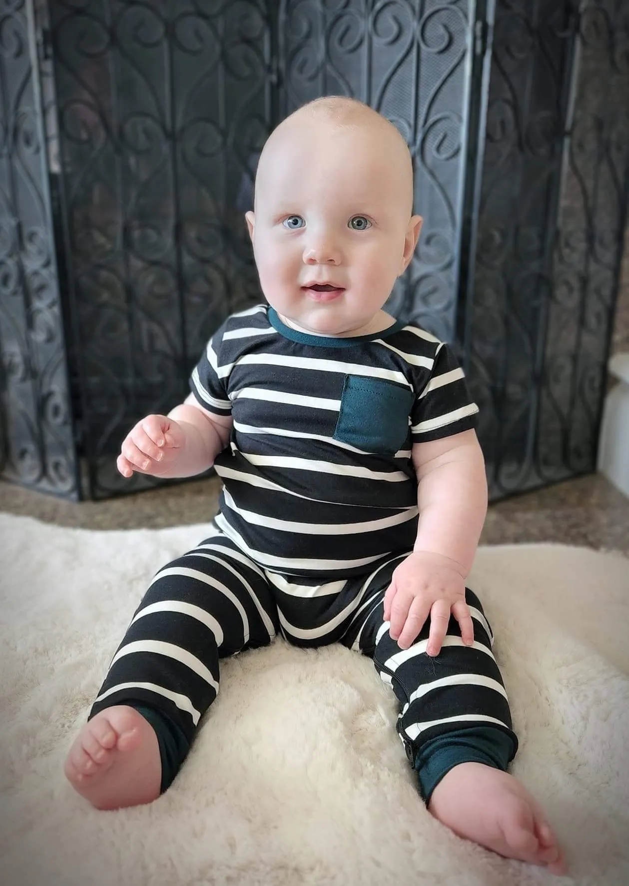 Black/White Stripe Pine Pocket Zip Romper