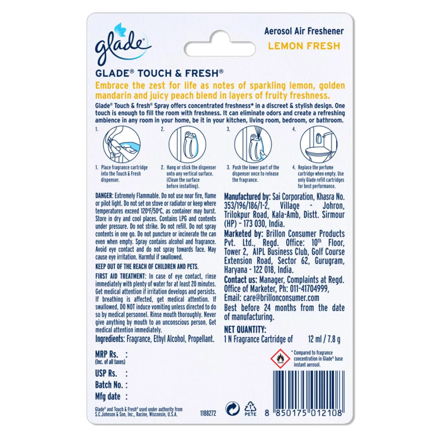 Glade Touch 'N' Fresh Lemon Aerosol Refill (12 Ml), Pack of 1