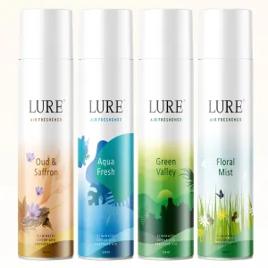 Lure Room Freshener | Air Freshener for Home And Office - Oud & Saffron,Aqua Fresh,Greenvally,Floral Mist (220ml Each, Pack of 4)
