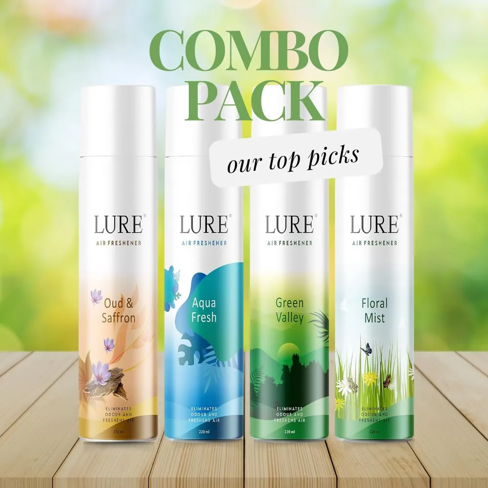 Lure Room Freshener | Air Freshener for Home And Office - Oud & Saffron,Aqua Fresh,Greenvally,Floral Mist (220ml Each, Pack of 4)