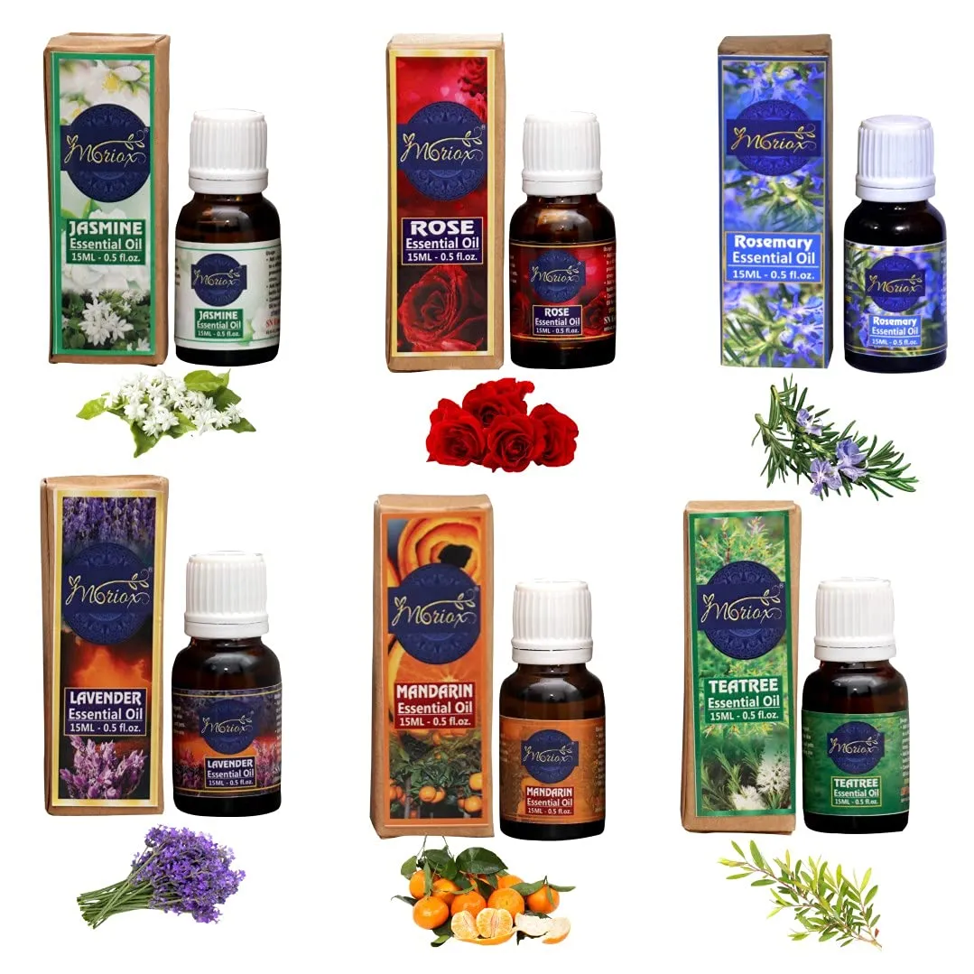 Moriox Jasmine Oil,Rose Oil,Rosemary,Lavender Oil,Mandarin Oil and Tea Tree Essential Oil Combo- 100% Pure Aroma,Therapeutic Grade- Pack of 6