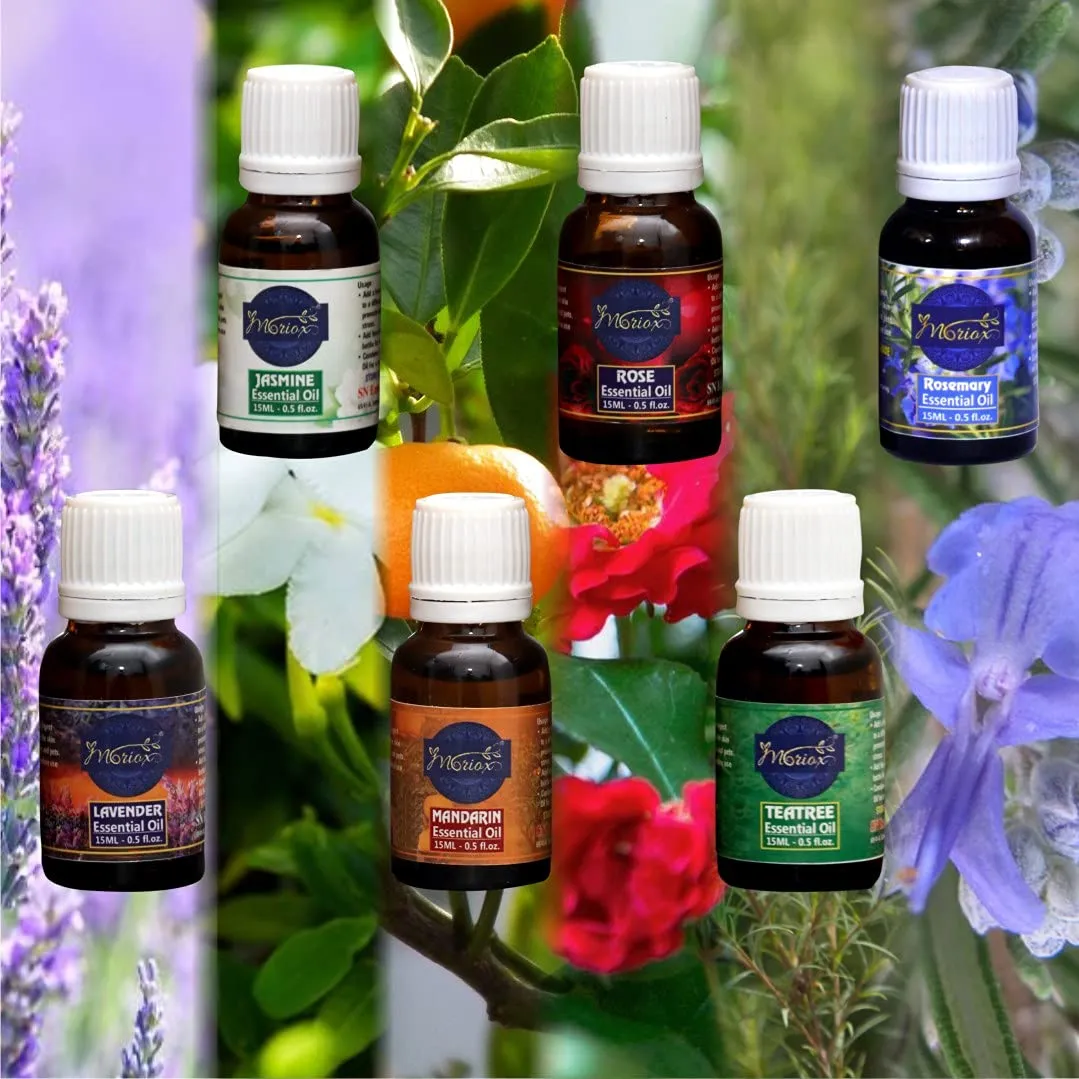 Moriox Jasmine Oil,Rose Oil,Rosemary,Lavender Oil,Mandarin Oil and Tea Tree Essential Oil Combo- 100% Pure Aroma,Therapeutic Grade- Pack of 6