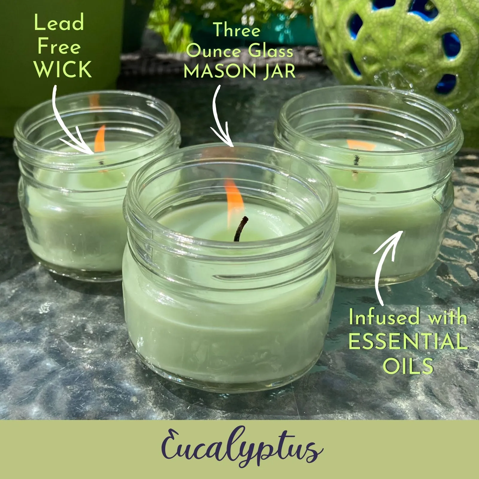 Mosquito Repellent Candle Natural Eucalyptus | 3 Oz Each, Set of 3 | Soy-Base, Infused with Essential Oils | Made in USA
