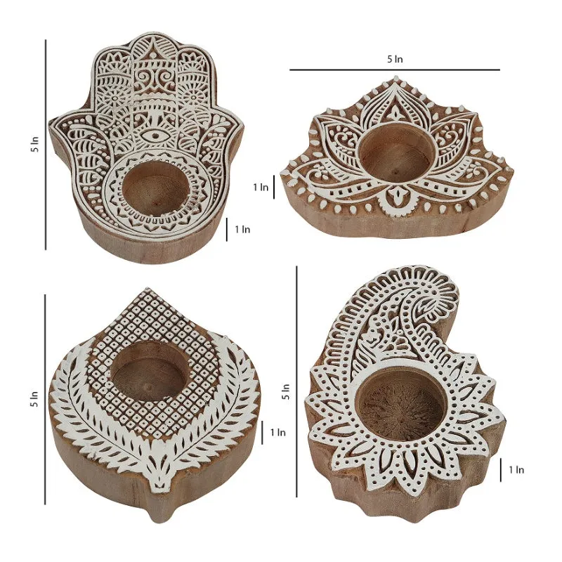 Neutral Tone Wooden Tealight Holders | Set Of 4 | 5 x 5 x 1 inches