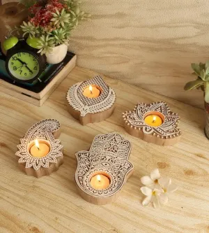 Neutral Tone Wooden Tealight Holders | Set Of 4 | 5 x 5 x 1 inches