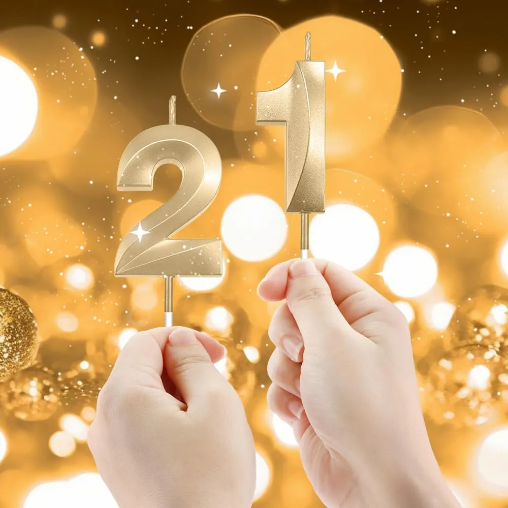 Numeral 21 Candles, 21st Birthday Candles for Cake, Gold Birthday Candles, Number Birthday Candles, Happy Birthday Cake Candle, Birthday Candle for Birthday Wedding Anniversary Decorations