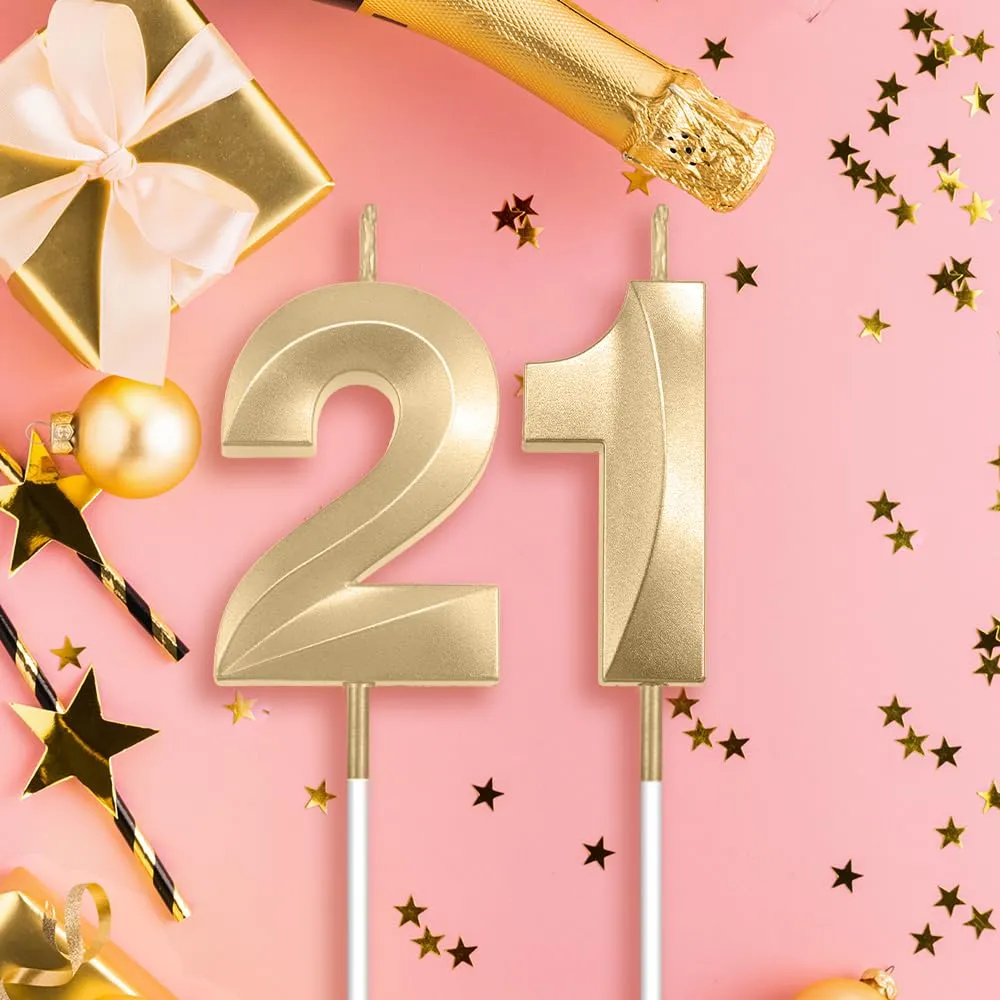 Numeral 21 Candles, 21st Birthday Candles for Cake, Gold Birthday Candles, Number Birthday Candles, Happy Birthday Cake Candle, Birthday Candle for Birthday Wedding Anniversary Decorations