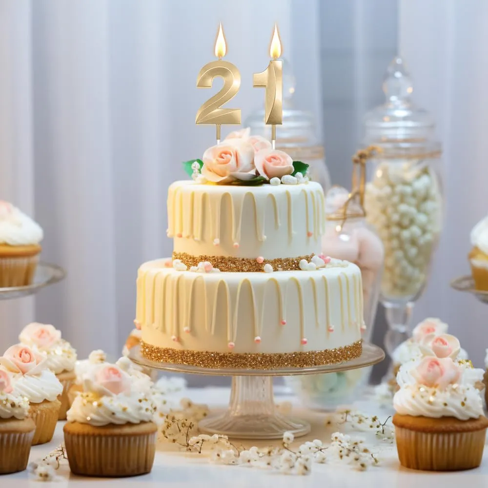 Numeral 21 Candles, 21st Birthday Candles for Cake, Gold Birthday Candles, Number Birthday Candles, Happy Birthday Cake Candle, Birthday Candle for Birthday Wedding Anniversary Decorations