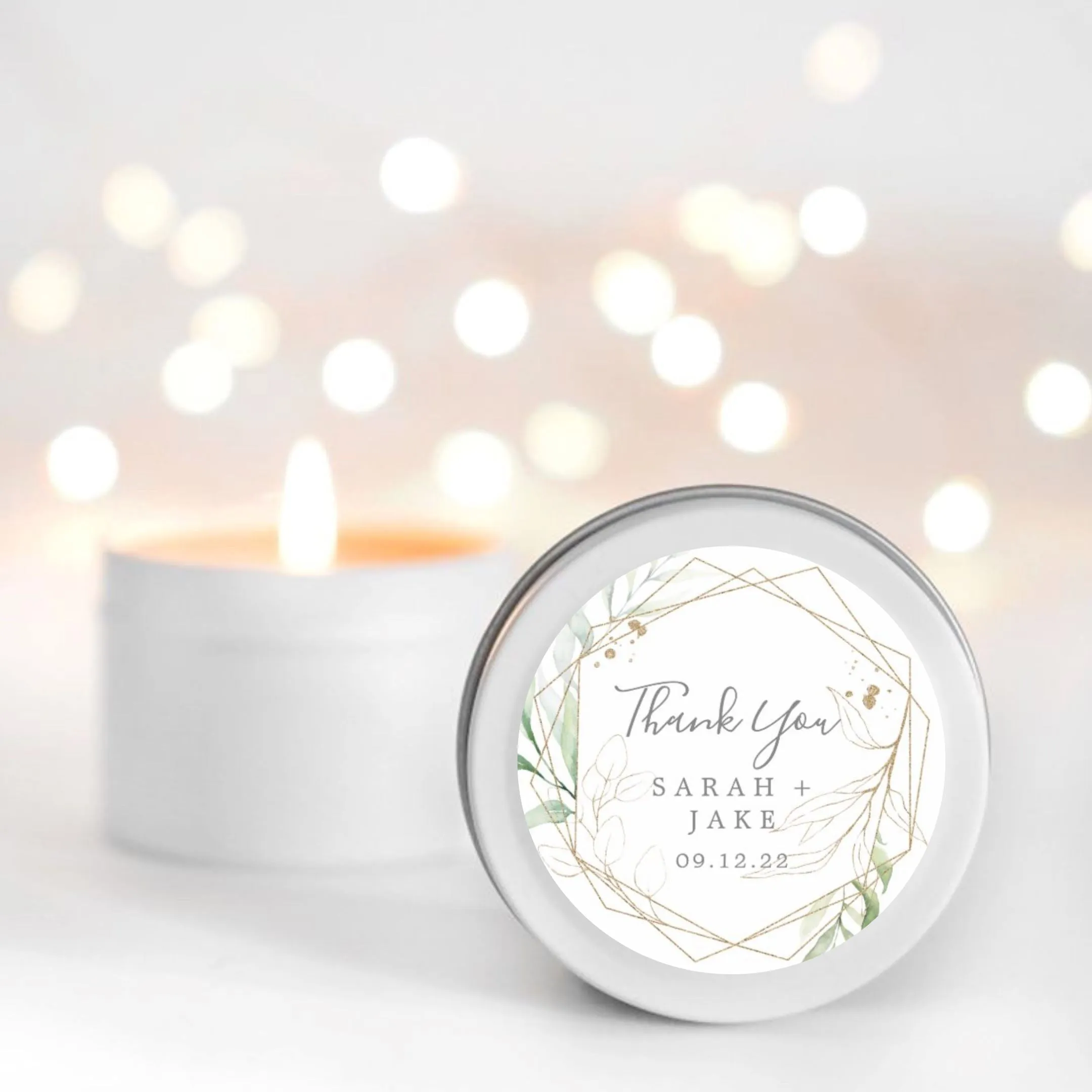 Soft greenery with gold frames personalised candle favour