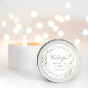 Soft greenery with gold frames personalised candle favour