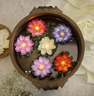 VIDORA Set of 6 Floating Lotus with Light Multi Color Changing Flowers Smokeless Sensor Led Unbreakable Tea Light for Indoor and Outdoor Festival Decoration Light
